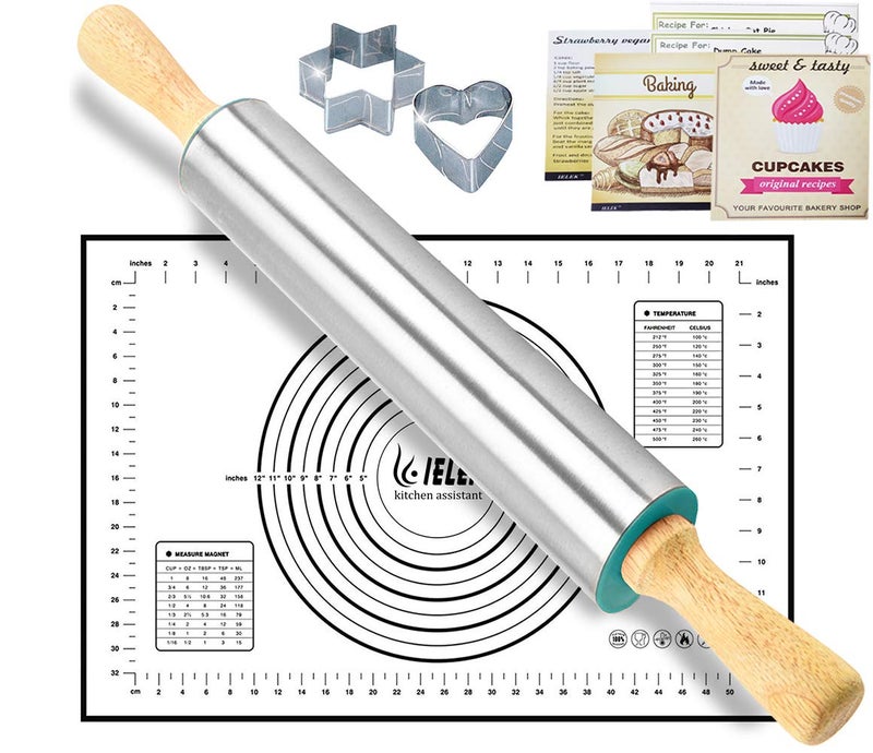 IELEK Rolling Pin Nonstick and Silicone Baking Pastry Mat Combo Kit Dough Rollers for Baking Pasta,Cookie Dough,Pastry,Bakery,Pizza - Image 1